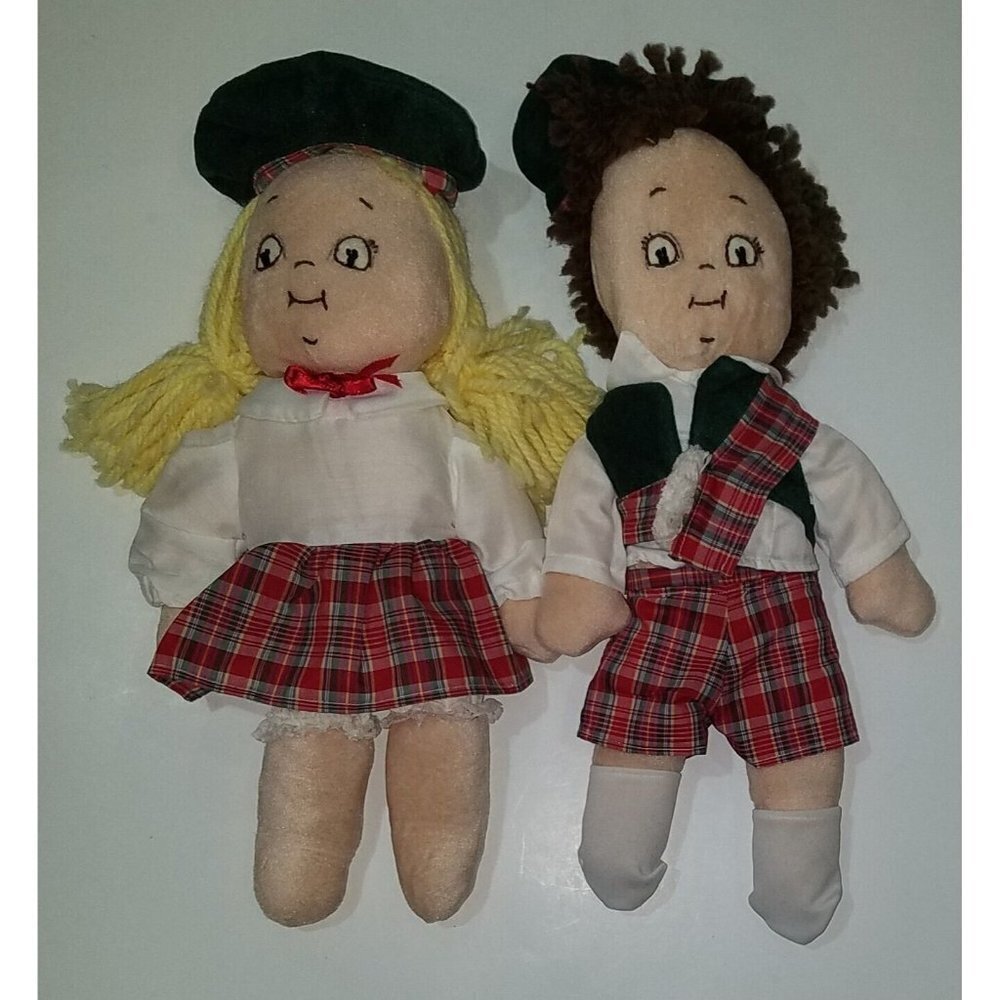 2 VTG Campbells Soup Kids Plush Lot 18" Boy Girl Lot Scottish Plaid Outfits